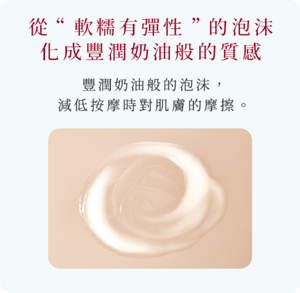 從“軟糯有彈性”的泡沫 化成豐潤奶油般的質感　豐潤奶油般的泡沫， 減低按摩時對肌膚的摩擦。