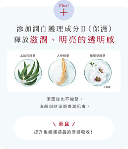 添加潤白護理成分Ⅱ（保濕） 釋放滋潤、明亮的透明感　