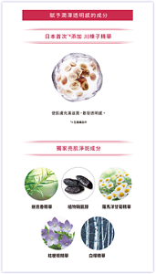 賦予潤澤透明感的成分 日本首次*4添加 川楝子精華 使肌膚充滿滋潤，散發透明感。 *4 在護膚品中 獨家亮肌淨斑成分 迷迭香精華 植物鞘氨醇 羅馬洋甘菊精華 桔梗根精華 白樺精華 