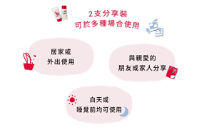 2支分享裝 可於多種場合使用 居家或 外出使用 與親愛的 朋友或家人分享 白天或 睡覺前均可使用