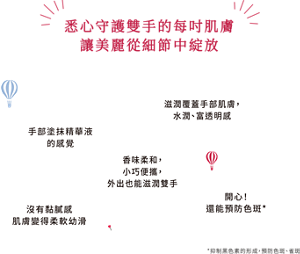 悉心守護雙手的每吋肌膚 讓美麗從細節中綻放 滋潤覆蓋手部肌膚， 水潤、富透明感 手部塗抹精華液 的感覺 香味柔和， 小巧便攜， 外出也能滋潤雙手 沒有黏膩感 肌膚變得柔軟幼滑 開心！ 還能預防色斑*  *抑制黑色素的形成，預防色斑、雀斑