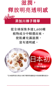 滋潤，釋放明亮透明感 New 添加川楝子精華 從全球採集多達1,600種 植物成分中精選而來。 使肌膚充滿滋潤， 富有透明感。 日本初* 添加 川楝子精華 *日本業界首次添加川楝子精華到護膚品中的嶄新獨有成分。