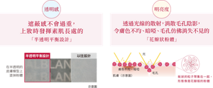 透明感：遮蔽感不會過重， 上妝時發揮素肌長處的 「半透明平衡設計」　明亮度：透過光線的散射，消散毛孔陰影， 令膚色不均、暗啞、毛孔仿佛消失不見的 「花瓣狀粉體」