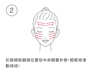 於臉頰和額頭從中央朝著外側，輕輕地滑動抹拭。