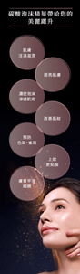碳酸泡沫精華帶給您的美麗躍升 肌膚 注滿滋潤 提亮肌膚 濃密泡沫滲透肌底 預防 色斑、雀斑 膚質平滑細緻 改善肌紋 上妝 更貼服