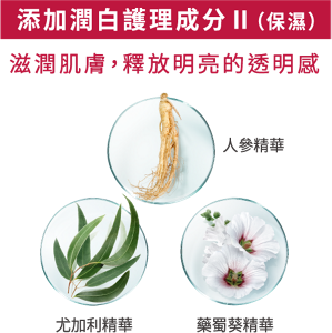 添加潤白護理成分Ⅱ（保濕） 滋潤，釋放明亮的透明感 人參精華 尤加利精華 藥蜀葵精華