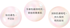 貼合膚色， 不泛白 令膚色顯得明亮， 塑造粉嫩素肌 消除肌膚暗啞， 持久保持明亮妝效