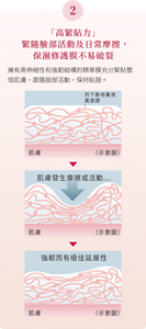 2 「高緊貼力」 緊隨臉部活動及日常摩擦，保濕修護膜不易破裂 擁有高伸縮性和強韌結構的精華膜充分緊貼整個肌膚， 跟隨臉部活動，保持貼服。