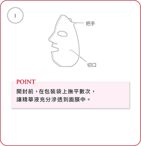 ① POINT 開封前，在包裝袋上撫平數次，讓精華液充分滲透到面膜中。