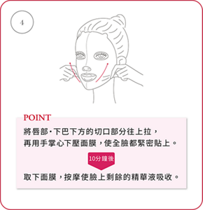 ④ POINT 將唇部・下巴下方的切口部分往上拉，再用手掌心下壓面膜，使全臉都緊密貼上。 10分鐘後取下面膜，按摩使臉上剩餘的精華液吸收。