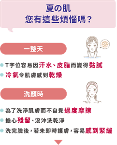 夏の肌的肌膚 您有這些煩惱嗎？一整天 ・T字位容易因汗水、皮脂而變得黏膩 ・冷氣令肌膚感到乾燥  洗顏時 ・為了洗淨肌膚而不自覺過度摩擦 ・擔心殘留、沒沖洗乾淨・洗完臉後，若未即時護膚，容易感到緊繃