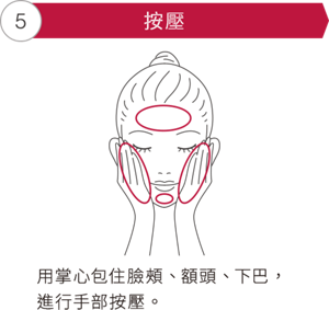 ⑤按壓 用掌心包住臉頰、額頭、下巴，進行手部按壓。