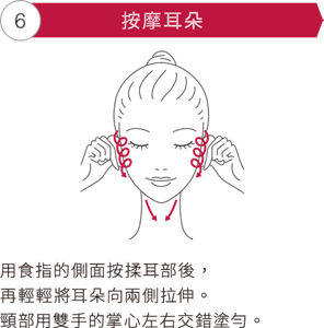 ⑥按摩耳朵 用食指的側面按揉耳部後，再輕輕將耳朵向兩側拉伸。頸部用雙手的掌心左右交錯塗勻。