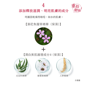 4 重拾朝氣！添加釋放滋潤、明亮肌膚的成分 呵護因乾燥而暗啞、缺水的肌膚。 【漢葒魚腥草精華（保濕）】 【潤白美肌護理成分Ⅱ（保濕）】 尤加利精華 藥蜀葵精華 人參精華 示意圖