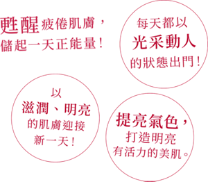 甦醒疲倦肌膚， 儲起一天正能量！ 每天都以光采動人 的狀態出門！ 以滋潤、明亮 的肌膚迎接新一天！ 提亮氣色， 打造明亮有活力的美肌。