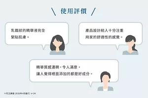 使用評價 乳霜狀的精華液完全 緊貼肌膚。 產品設計給人十分注重用家的舒適性的感覺。 精華質感濃稠，令人滿意， 讓人覺得裡面添加的都是好成分。 ※花王調查 2020年4月進行  n=24
