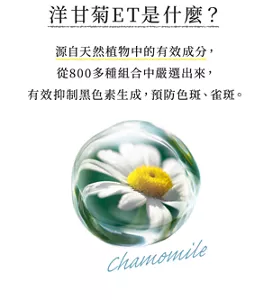 洋甘菊ET是什麼？ 源自天然植物中的有效成分， 從800多種組合中嚴選出來， 有效抑制黑色素生成，預防色斑、雀斑。