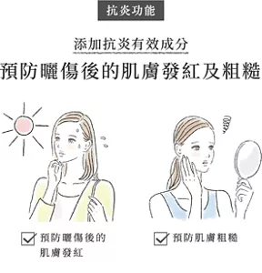 抗炎功能  添加抗炎有效成分 預防曬傷後的肌膚發紅及粗糙 預防曬傷後的肌膚發紅 預防肌膚粗糙