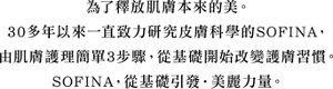 為了釋放肌膚本來的美。 30多年以來一直致力研究皮膚科學的SOFINA， 由肌膚護理簡單3步驟，從基礎開始改變護膚習慣。 SOFINA，從基礎引發‧美麗力量。