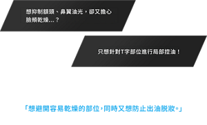 說明混合肌常見煩惱的示意圖，呈現想抑制額頭與鼻翼油光、同時又擔心臉頰乾燥的情況，並帶出只想針對T字部位進行局部控油的需求