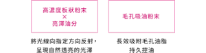 高濃度板狀粉末 × 亮澤油分 將光線向指定方向反射， 呈現自然透亮的光澤　毛孔吸油粉末 長效吸附毛孔油脂 持久控油