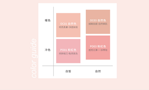 color guide 暖色／冷色 白皙／自然 OC01 自然色 明亮柔膚，淨透無瑕 OC03 自然色 細緻妝感，自然美肌 PO01 粉紅色 修飾暗沉，點亮氣色 PO03 粉紅色 透亮光澤，一抹零瑕