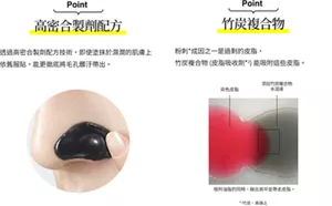 Point 高密合製劑配方 透過高密合製劑配方技術，即使塗抹於濕潤的肌膚上依舊服貼，能更徹底將毛孔髒汙帶出。Pont 竹炭複合物 粉刺*崩解示意圖 *粉刺係指皮脂管絲成因之一是過剩的皮脂，竹炭複合物 (皮脂吸收劑*2) 能吸附這些皮脂。