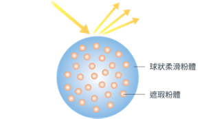 ＜毛孔遮瑕粉體  示意圖＞球狀柔滑粉體　遮瑕粉體