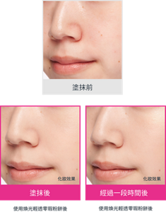 塗抹前　塗抹後 化妝效果 使用煥光輕透零瑕粉餅後　經過一段時間後 化妝效果 使用煥光輕透零瑕粉餅後