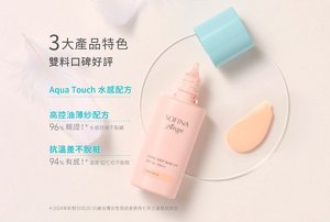 3大產品特色 雙料口碑好評 Aqua Touch水感配方 高控油薄紗配方 96%親證水感舒適不黏膩 抗溫差不脫粧 94%有感溫差10°C也不脫粧
