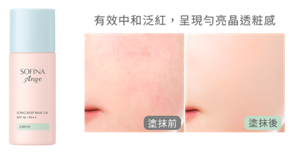 有效中和泛紅，呈現勻亮晶透粧感　塗抹前　塗抹後