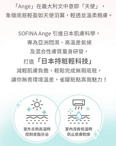 「Ange」在義大利文中意即「天使」，象徵底粧輕盈如天使羽翼，輕透並溫柔親膚。SOFINA Ange引進日本肌膚科學，打造「日本持粧輕科技」，減輕肌膚負擔，輕鬆完成無瑕底粧