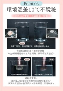 Point 03 環境溫差10°C不脫粧 防水抗汗實測，長效鎖粧不脫粧。新粉體不溶於水，能有效隔離汗水；浸水後仍可完整包覆刷具，不易濕潤、不易崩解
