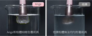 Ange新粉體細緻包覆刷具　他牌粉體無法均勻附著刷具　比較圖片