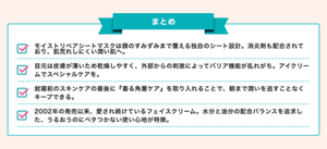 まとめ：・モイストリペアシートマスクは顔のすみずみまで覆える独自のシート設計。消炎剤も配合されており、肌荒れしにくい潤い肌へ。  ・目元は皮膚が薄いため乾燥しやすく、外部からの刺激によってバリア機能が乱れがち。アイクリームでスペシャルケアを。  ・就寝前のスキンケアの最後に『着る角層ケア』を取り入れることで、朝まで潤いを逃すことなくキープできる。  ・2002年の発売以来、愛され続けているフェイスクリーム。水分と油分の配合バランスを追求した、うるおうのにベタつかない使い心地が特徴。
