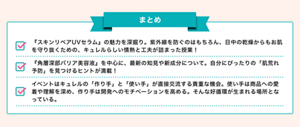 まとめ：・『スキンリペアUVセラム』の魅力を深掘り。紫外線を防ぐのはもちろん、日中の乾燥からもお肌を守り抜くための、キュレルらしい情熱と工夫が詰まった授業！  ・『角層深部バリア美容液』を中心に、最新の知見や新成分について。自分にぴったりの「肌荒れ予防」を見つけるヒントが満載！ ・イベントはキュレルの「作り手」と「使い手」が直接交流する貴重な機会。使い手は商品への愛着や理解を深め、作り手は開発へのモチベーションを高める。そんな好循環が生まれる場所となっている。