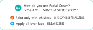 How do you use Facial Cream? フェイスクリームはどのように使いますか？ A Paint only with whiskers　おでこやほほだけに塗る　顔全体に塗る B　Apply all over face　顔全体に塗る