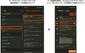 ③：【プライバシーとセキュリティ】の 【閲覧履歴データの削除】をタップ ④：全期間を選択し【Cookieとサイトデータ】に チェックを入れて【データを削除】＞【削除】をタップ