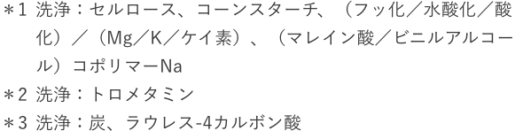 *1 洗浄：セルロース、コーンスターチ、（フッ化／水酸化／酸化）／（Mg／K／ケイ素）、（マレイン酸／ビニルアルコール）コポリマーNa *2 洗浄：トロメタミン *3 洗浄：炭、ラウレス-4カルボン酸