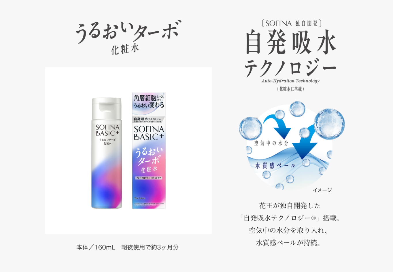 うるおいターボ 化粧水 本体／160mL 朝夜使用で約3ヶ月分 〔SOFINA 独自開発〕自発吸水テクノロジー Auto-Hydration Technology (化粧水に搭載) 花王が独自開発した「自発吸水テクノロジー®」搭載。空気中の水分を取り入れ、水質感ベールが持続。