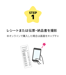 STEP1 レシートまたは伝票・納品書を撮影 ※オンラインで購入した場合は画面をキャプチャ