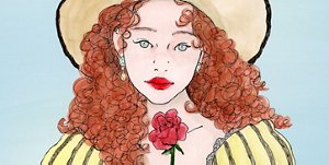バラを持ってこちらを見ている女性