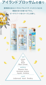 アイランドブロッサムの香り。透明感のあるシトラスにプルメリア、ジャスミンなどの南国の花々の香りをプラス。ビーチリゾートをイメージした香り。トップノートはレモン、ペアー、ピーチ、ブラックカラント。ミドルノートはプルメリア、ローズ、ゼラニウム、ジャスミン、アクアティックガーデニア。ラストノートはサンダルウッド、ムスク、パウダリー