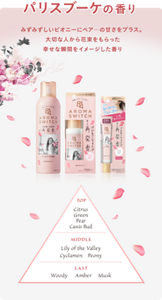 パリスブーケの香り。みずみずしいピオニーにペア―の甘さをプラス。大切な人から花束をもらった幸せな瞬間をイメージした香り。トップノートはシトラス、グリーン、ペアー、カシスバッド。ミドルノートはリリーオブザバリー、シクラメン、ピオニー。ラストノートはウッディ、アンバー、ムスク。