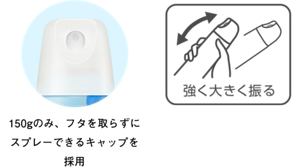 150gのみ、フタを取らずにスプレーできるキャップを採用。キャップ下の容器を握り、斜めに強く振ってから使用する。