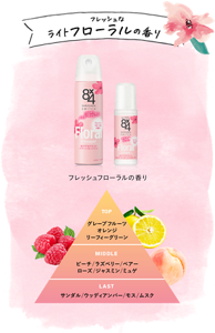 フレッシュなライトフローラルの香り。トップノートはグレープフルーツ、オレンジ、リフィーグリーン。ミドルノートはピーチ、ラズベリー、ペアー、ローズ、ジャスミン、ミュゲ。ラストノートはサンダル、ウッディアンバー、モス、ムスク。