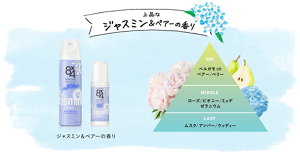 上品なジャスミン&ペアーの香り。トップノートはベルガモット、ペアー、ベリー。ミドルノートはローズ、ピオニー、ミュゲ、ゼラニウム。ラストノートはムスク、アンバー、ウッディ。