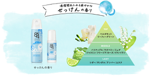 清潔感あふれる爽やかなせっけんの香り。トップノートはベルガモット、リーフィーグリーン。ミドルノートはパイナップル、ラズベリー、ミュゲ、ジャスミン、フリージア、ローズ、イランイラン。ラストノートはシダー、サンダル、アンバー、ムスク。