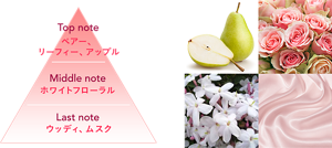 Top note:ペアー、リーフィー、アップル　Middle note:ホワイトフローラル　Last note:ウッディ、ムスク