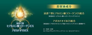 美容液成分 浸透1型※ 角層へ浸透 ヒアルロン酸コラーゲンEX配合 保湿成分はヒアルロン酸、コラーゲン、グリセリン。アボカドオイルEX配合 保湿成分はアボカドオイル、シア脂、ワセリン、グリセリン誘導体 ※ PEG、PPG、ポリブチレングリコール-8、5、3グリセリン